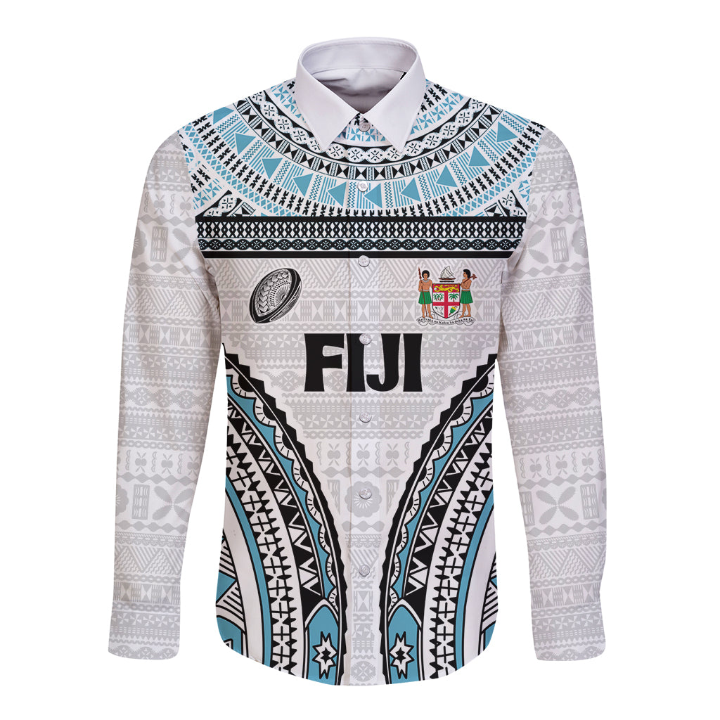 Custom Flying Fijians Rugby Long Sleeve Button Shirt Tapa Tribal Cloth LT03 Unisex White - Polynesian Pride