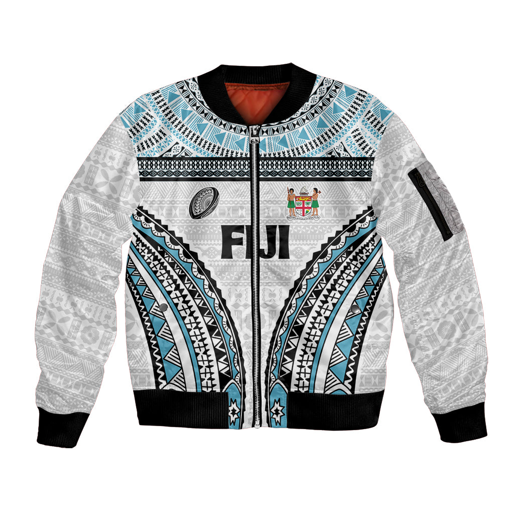 Custom Flying Fijians Rugby Sleeve Zip Bomber Jacket Tapa Tribal Cloth LT03 Unisex White - Polynesian Pride