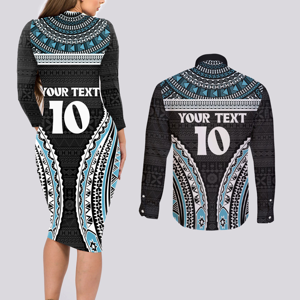 Custom Flying Fijians Rugby Couples Matching Long Sleeve Bodycon Dress and Long Sleeve Button Shirt Tapa Tribal Cloth Black Color LT03 - Polynesian Pride