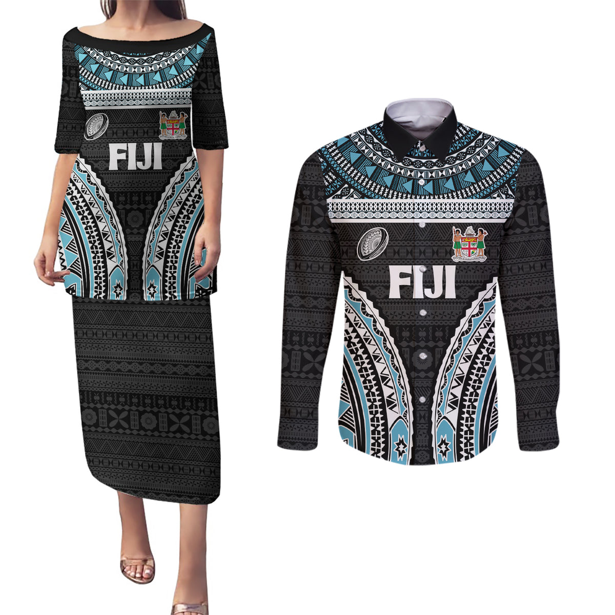 Custom Flying Fijians Rugby Couples Matching Puletasi and Long Sleeve Button Shirt Tapa Tribal Cloth Black Color LT03 Black - Polynesian Pride