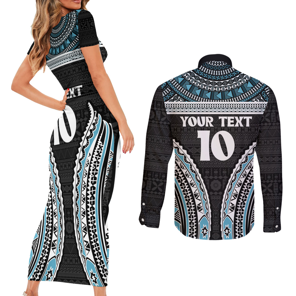 Custom Flying Fijians Rugby Couples Matching Short Sleeve Bodycon Dress and Long Sleeve Button Shirt Tapa Tribal Cloth Black Color LT03 - Polynesian Pride