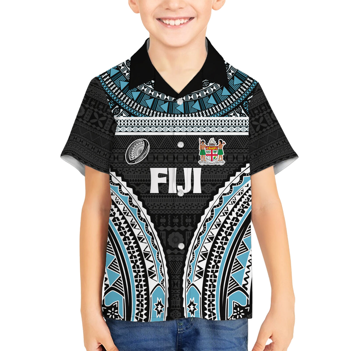 Custom Flying Fijians Rugby Family Matching Off Shoulder Maxi Dress and Hawaiian Shirt Tapa Tribal Cloth Black Color LT03 Son's Shirt Black - Polynesian Pride