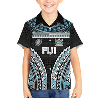 Custom Flying Fijians Rugby Family Matching Short Sleeve Bodycon Dress and Hawaiian Shirt Tapa Tribal Cloth Black Color LT03 Son's Shirt Black - Polynesian Pride