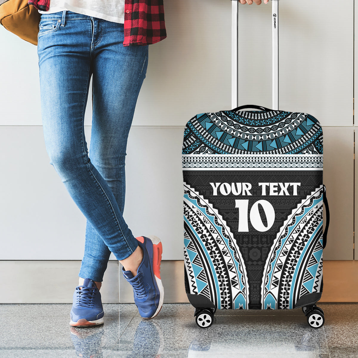 Custom Flying Fijians Rugby Luggage Cover Tapa Tribal Cloth Black Color