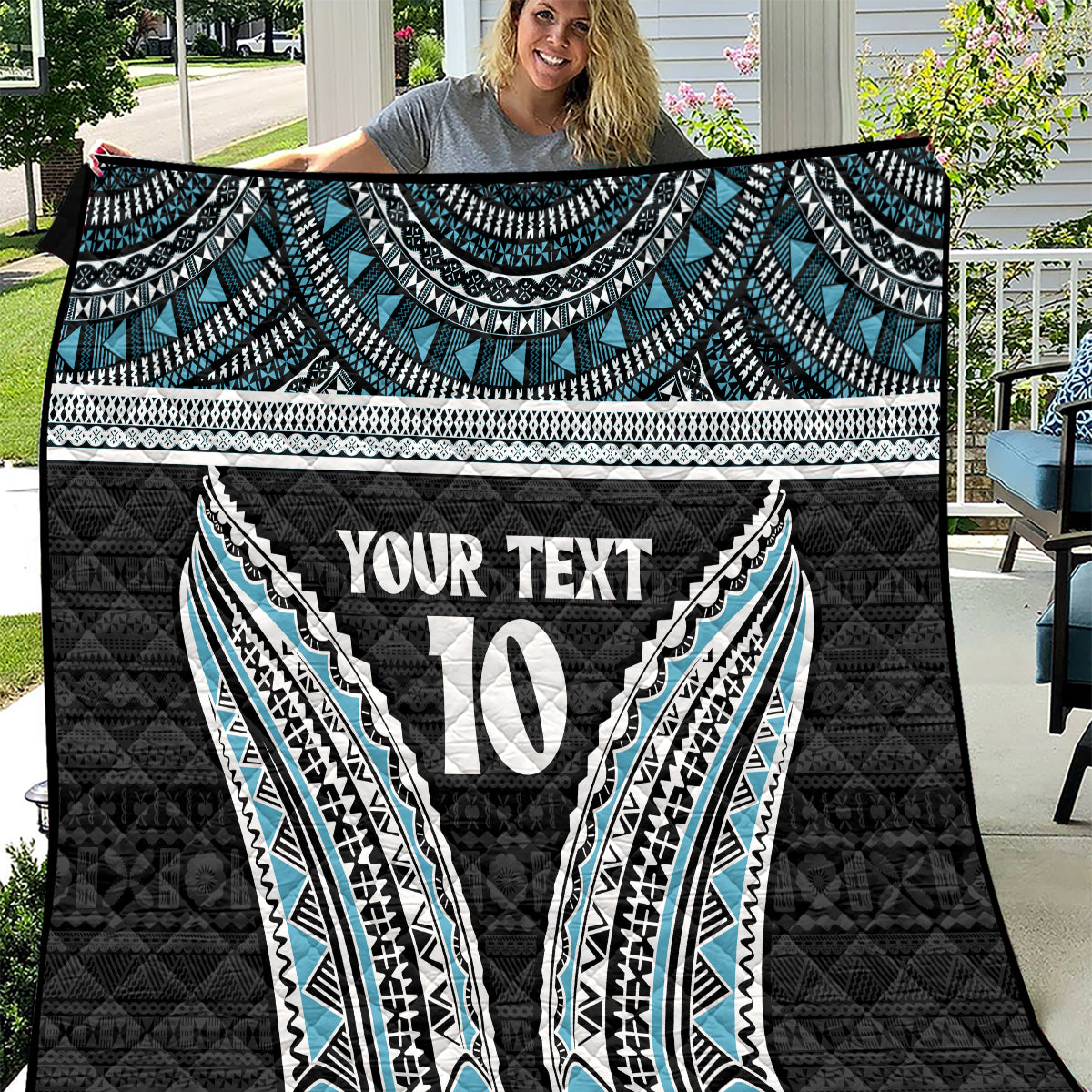Custom Flying Fijians Rugby Quilt Tapa Tribal Cloth Black Color LT03 Black - Polynesian Pride