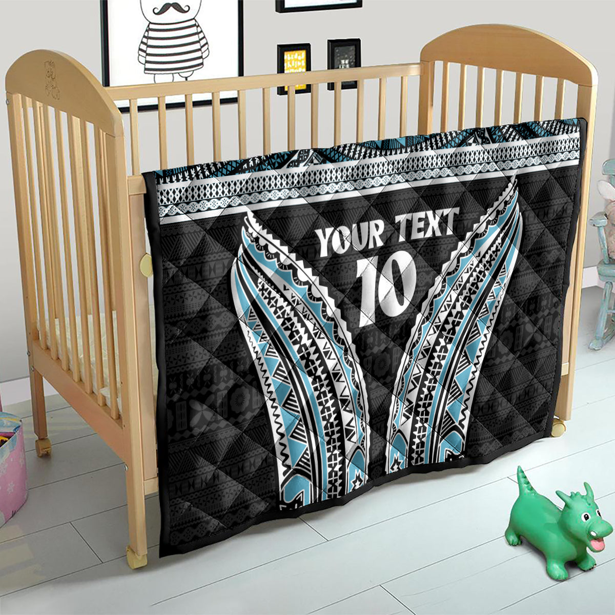 Custom Flying Fijians Rugby Quilt Tapa Tribal Cloth Black Color