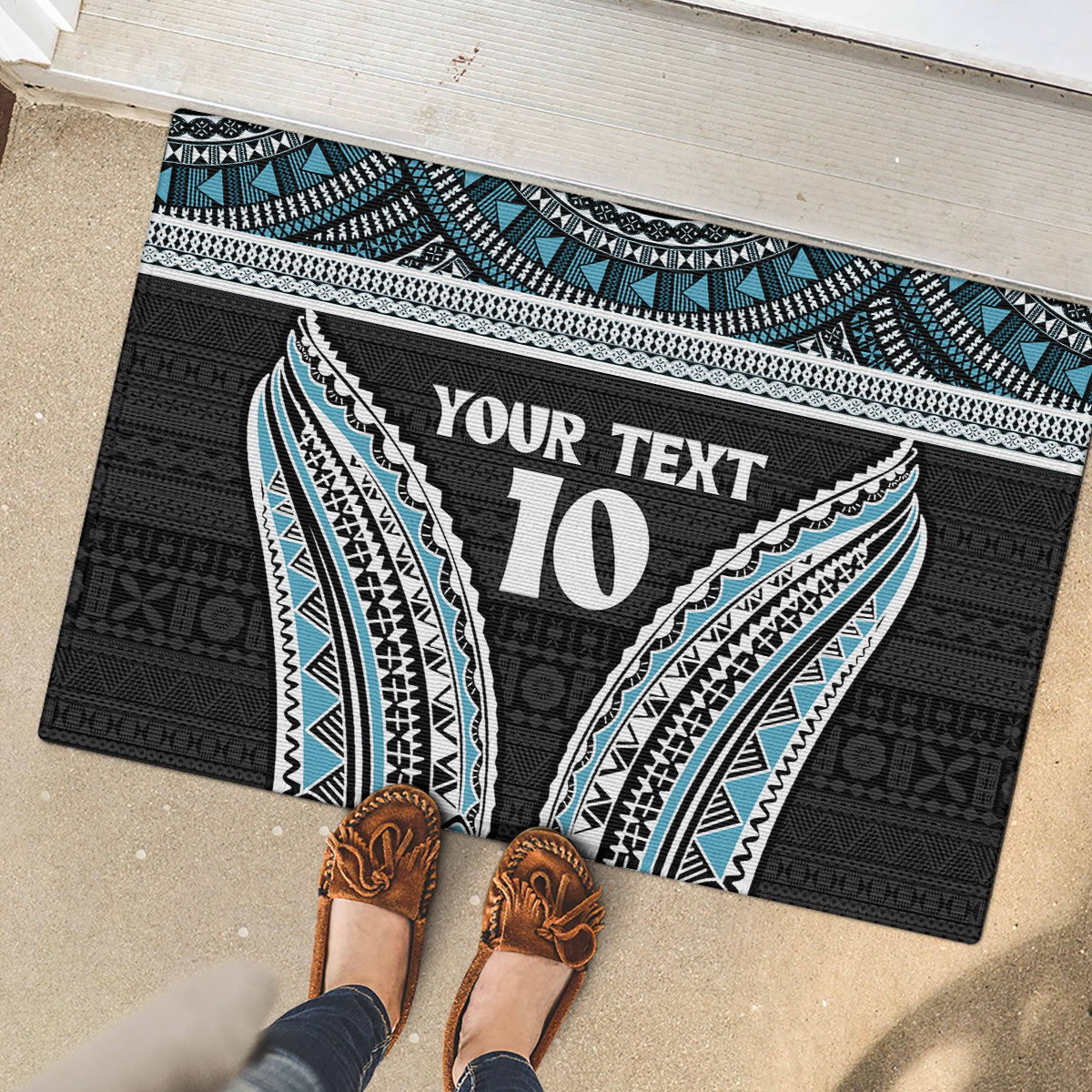 Custom Flying Fijians Rugby Rubber Doormat Tapa Tribal Cloth Black Color