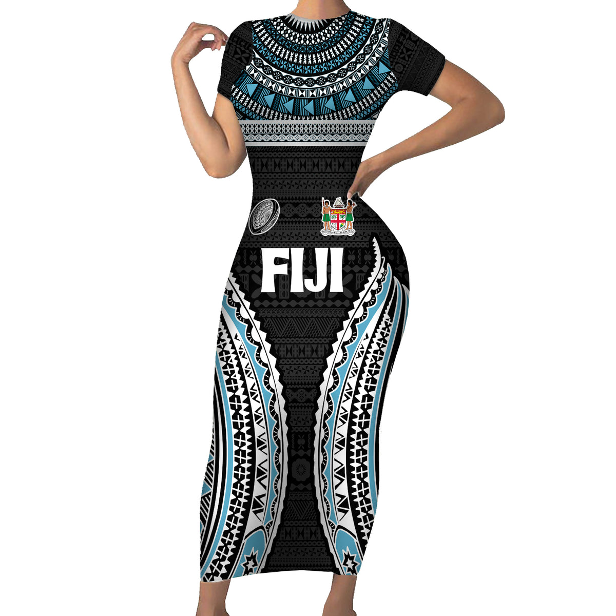 Custom Flying Fijians Rugby Short Sleeve Bodycon Dress Tapa Tribal Cloth Black Color LT03 Long Dress Black - Polynesian Pride