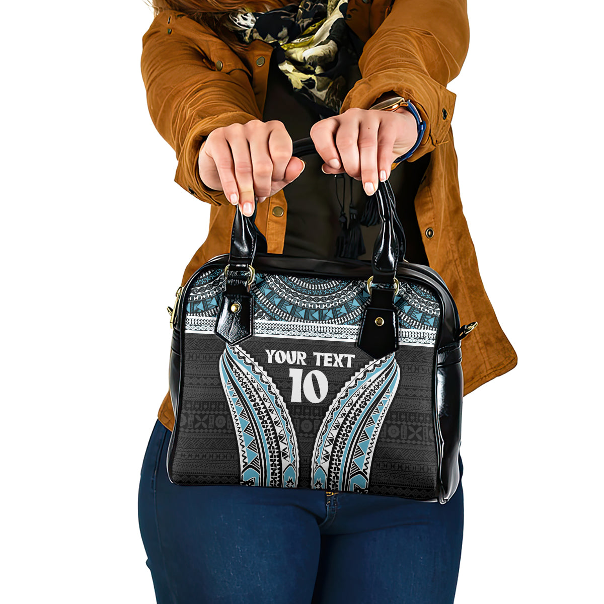 Custom Flying Fijians Rugby Shoulder Handbag Tapa Tribal Cloth Black Color LT03 One Size Black - Polynesian Pride