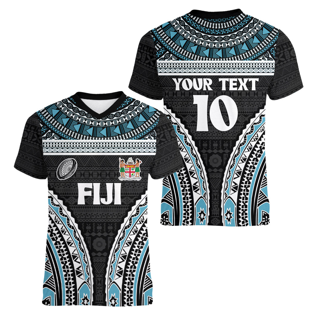 Custom Flying Fijians Rugby Women V Neck T Shirt Tapa Tribal Cloth Black Color LT03 - Polynesian Pride