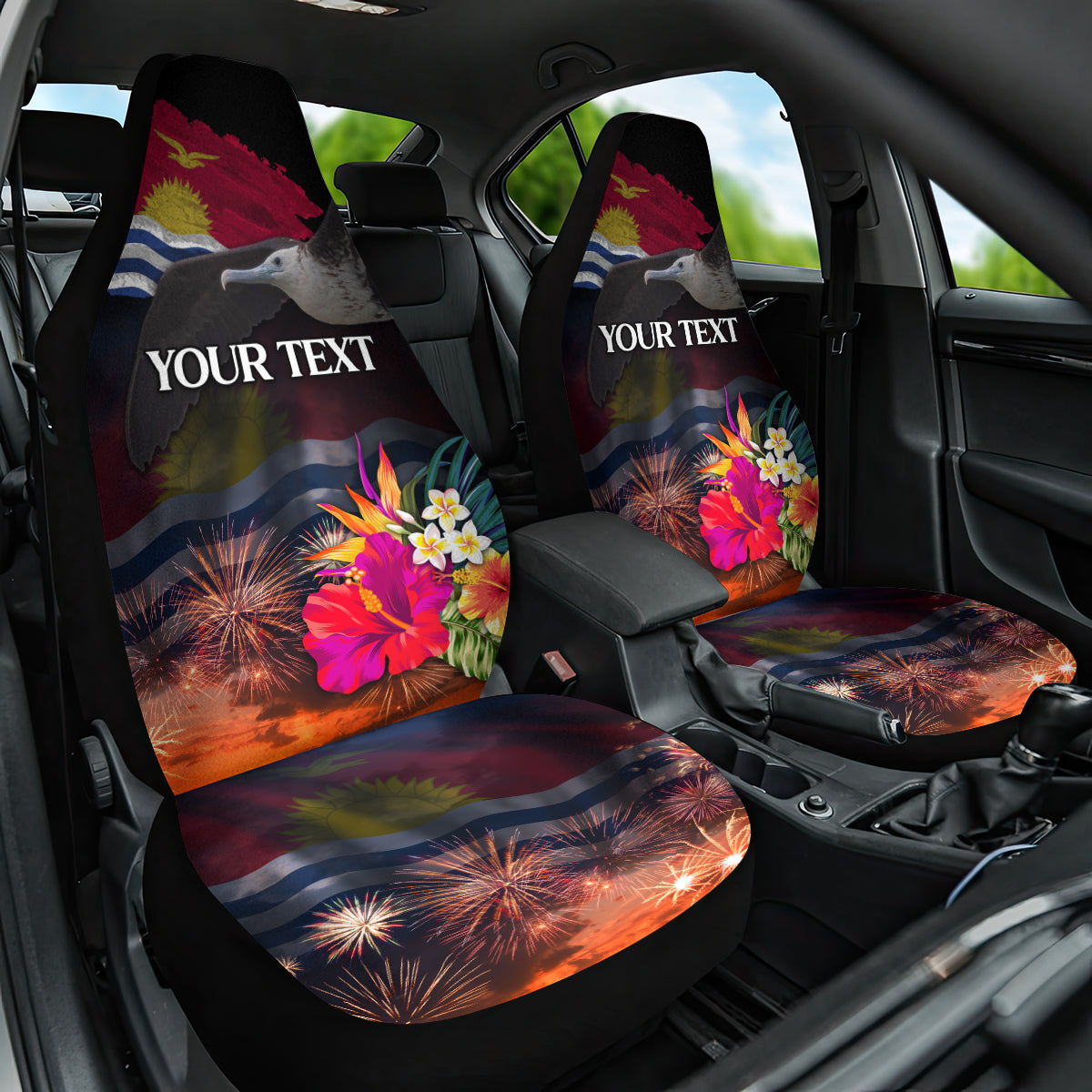Personalised Kiribati Independence Day Car Seat Cover Frigatebird and Plumeria Hibiscus Flower