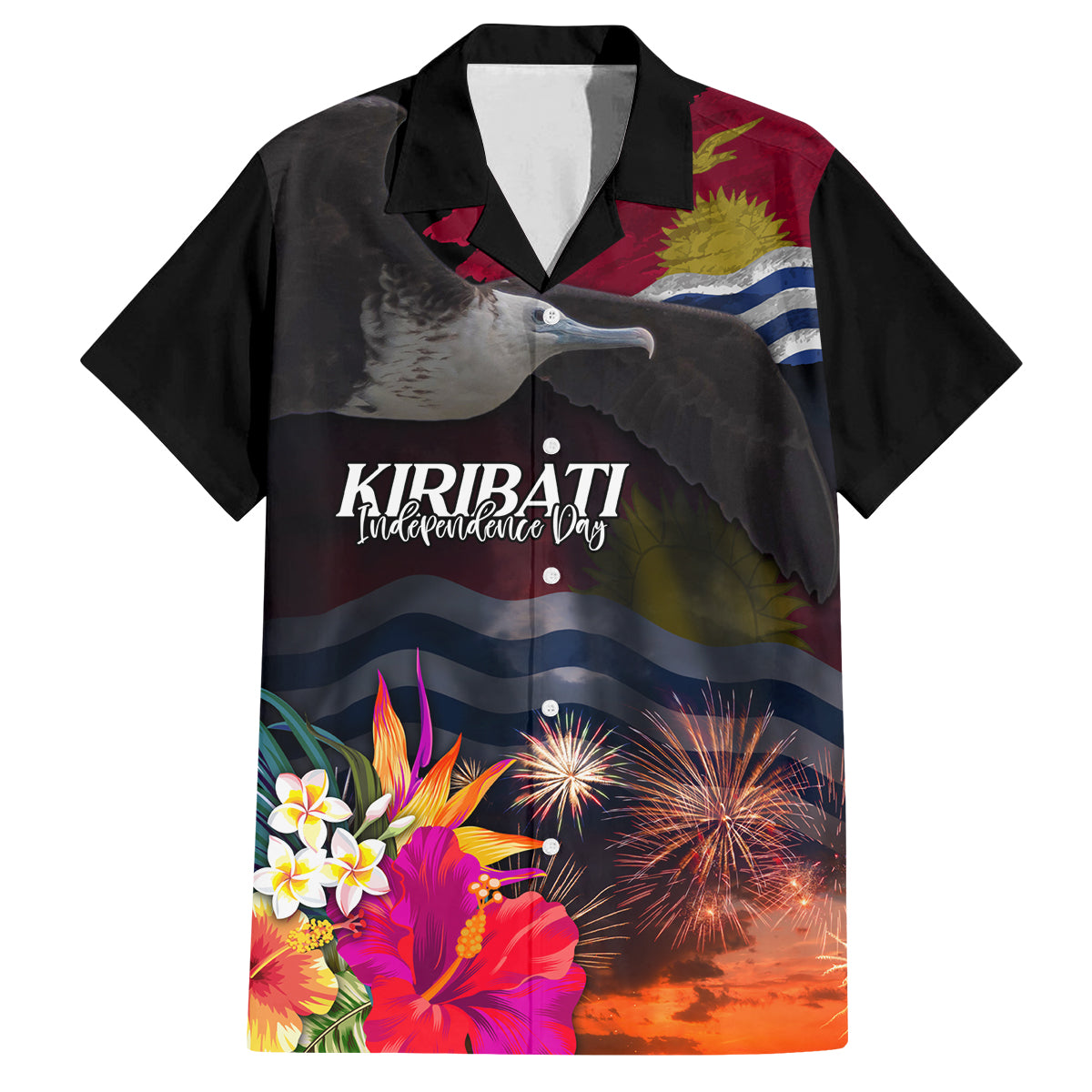 Kiribati Independence Day Family Matching Off Shoulder Short Dress and Hawaiian Shirt Frigatebird and Plumeria Hibiscus Flower