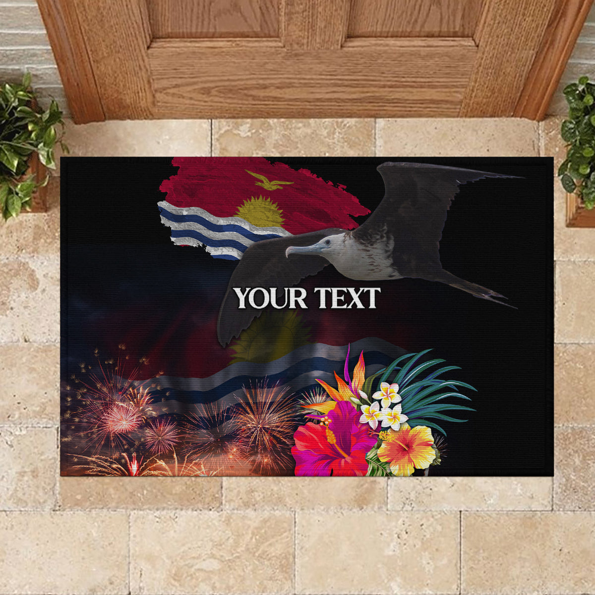 Personalised Kiribati Independence Day Rubber Doormat Frigatebird and Plumeria Hibiscus Flower