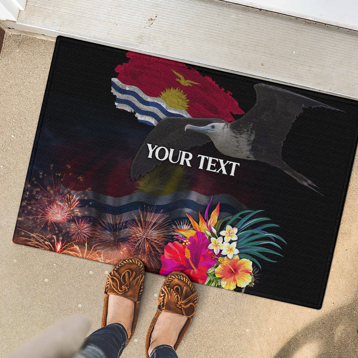 Personalised Kiribati Independence Day Rubber Doormat Frigatebird and Plumeria Hibiscus Flower
