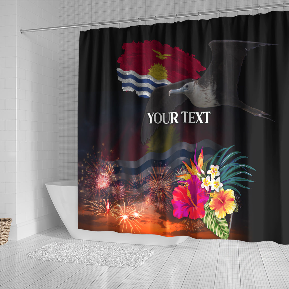 Personalised Kiribati Independence Day Shower Curtain Frigatebird and Plumeria Hibiscus Flower