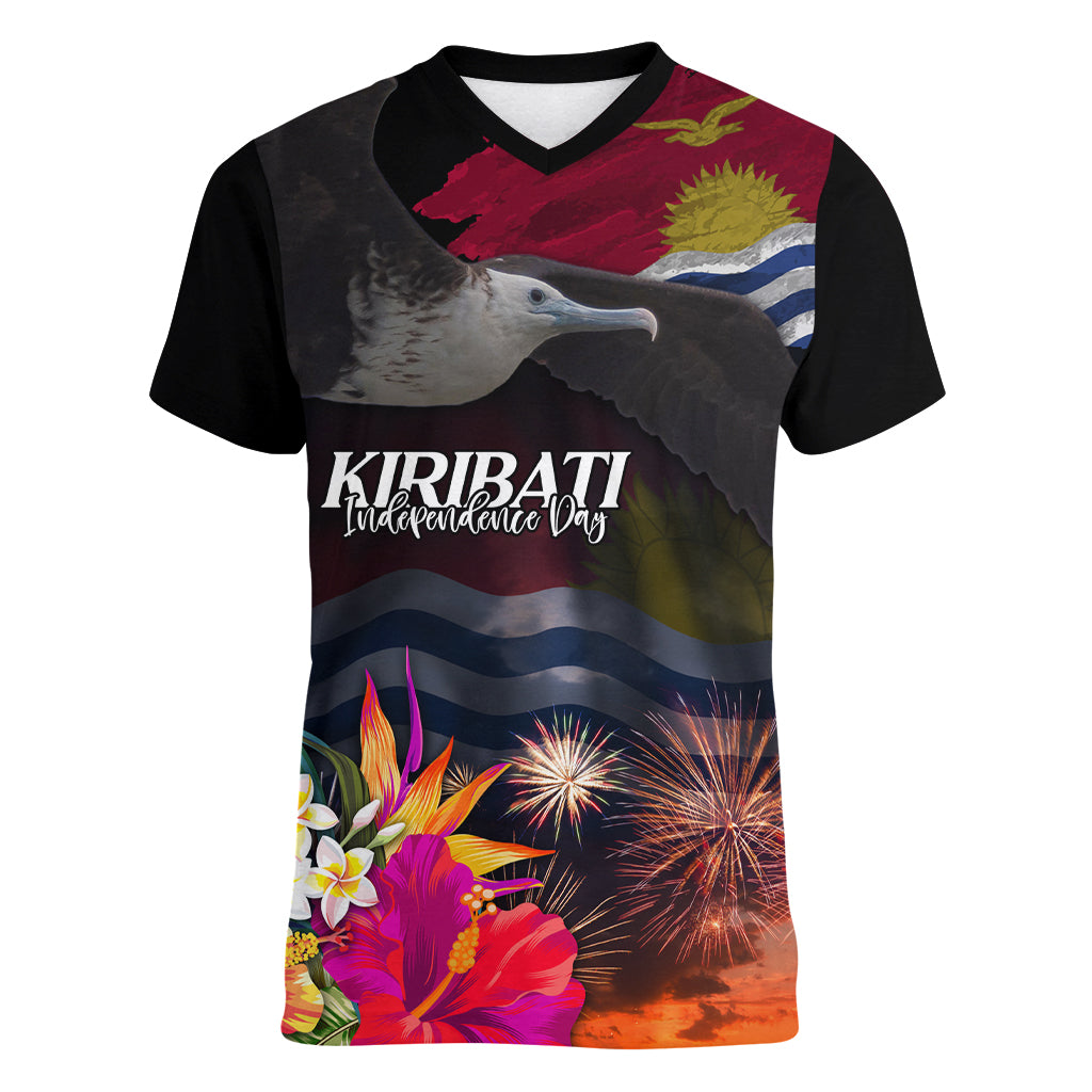 Kiribati Independence Day Women V-Neck T-Shirt Frigatebird and Plumeria Hibiscus Flower