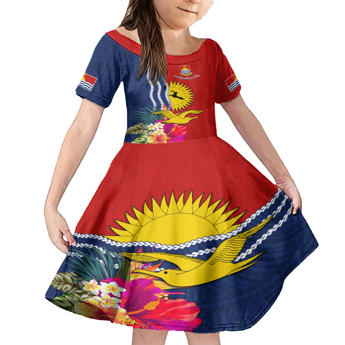 Personalised Kiribati Independence Day Family Matching Tank Maxi Dress and Hawaiian Shirt Kiribati Map With Flag Color LT03 Daughter's Dress Red - Polynesian Pride