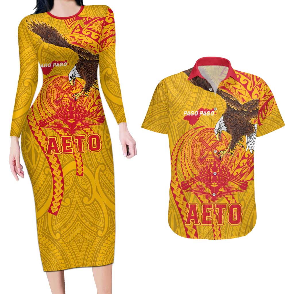 Personalized American Samoa Fautasi Race Couples Matching Long Sleeve Bodycon Dress and Hawaiian Shirt Aeto Pago Pago with Eagle Samoan Tribal Patterns LT03 Multicolor - Polynesian Pride