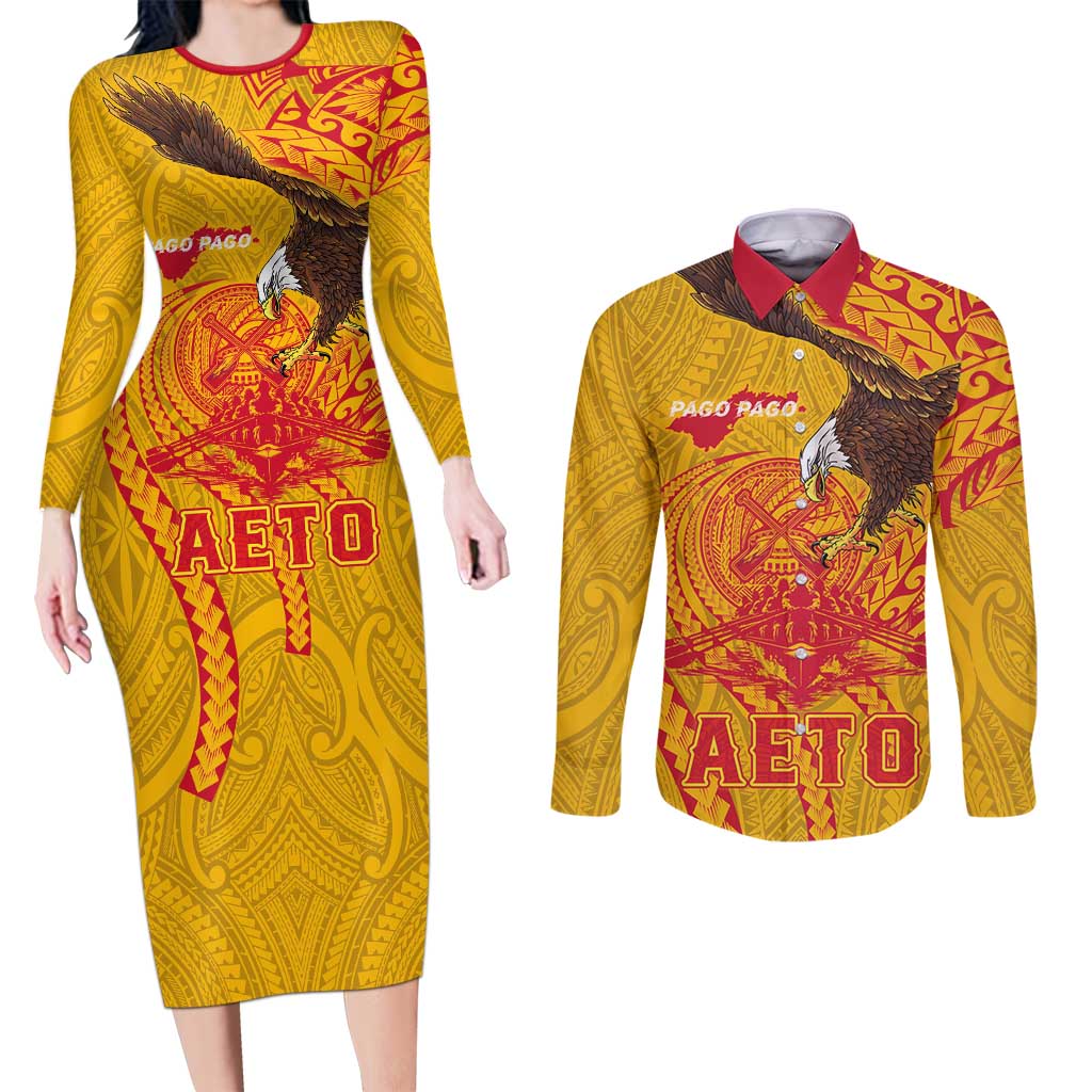 Personalized American Samoa Fautasi Race Couples Matching Long Sleeve Bodycon Dress and Long Sleeve Button Shirt Aeto Pago Pago with Eagle Samoan Tribal Patterns LT03 Multicolor - Polynesian Pride