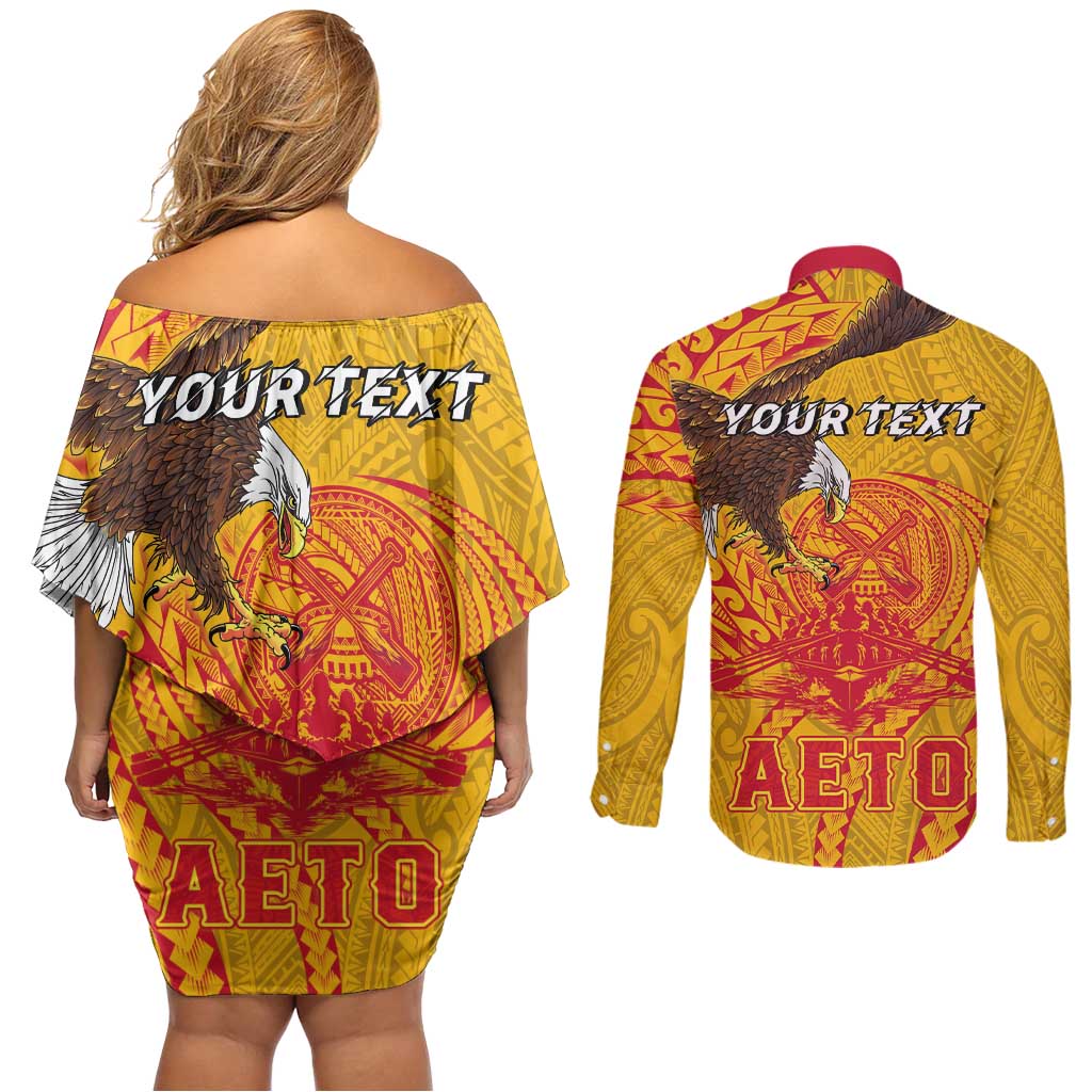 Personalized American Samoa Fautasi Race Couples Matching Off Shoulder Short Dress and Long Sleeve Button Shirt Aeto Pago Pago with Eagle Samoan Tribal Patterns LT03 - Polynesian Pride