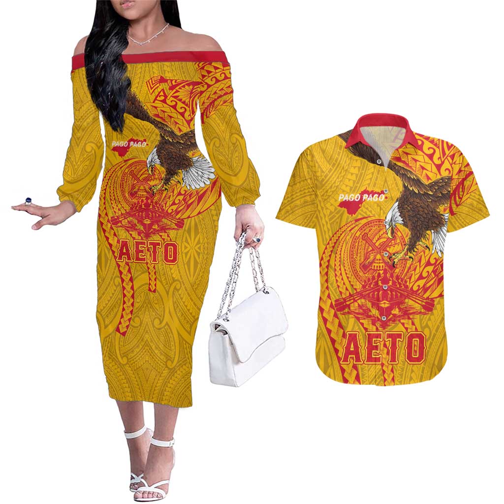 Personalized American Samoa Fautasi Race Couples Matching Off The Shoulder Long Sleeve Dress and Hawaiian Shirt Aeto Pago Pago with Eagle Samoan Tribal Patterns LT03 Multicolor - Polynesian Pride