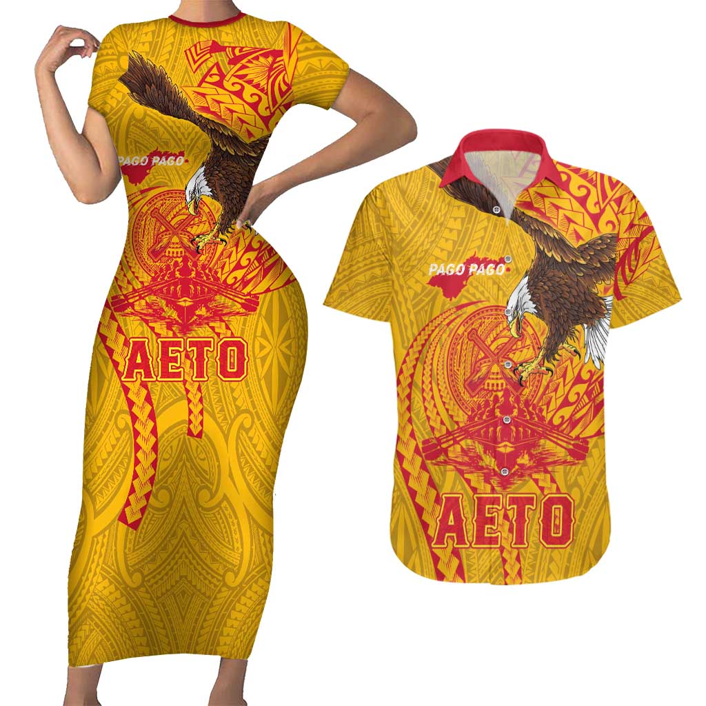Personalized American Samoa Fautasi Race Couples Matching Short Sleeve Bodycon Dress and Hawaiian Shirt Aeto Pago Pago with Eagle Samoan Tribal Patterns LT03 Multicolor - Polynesian Pride