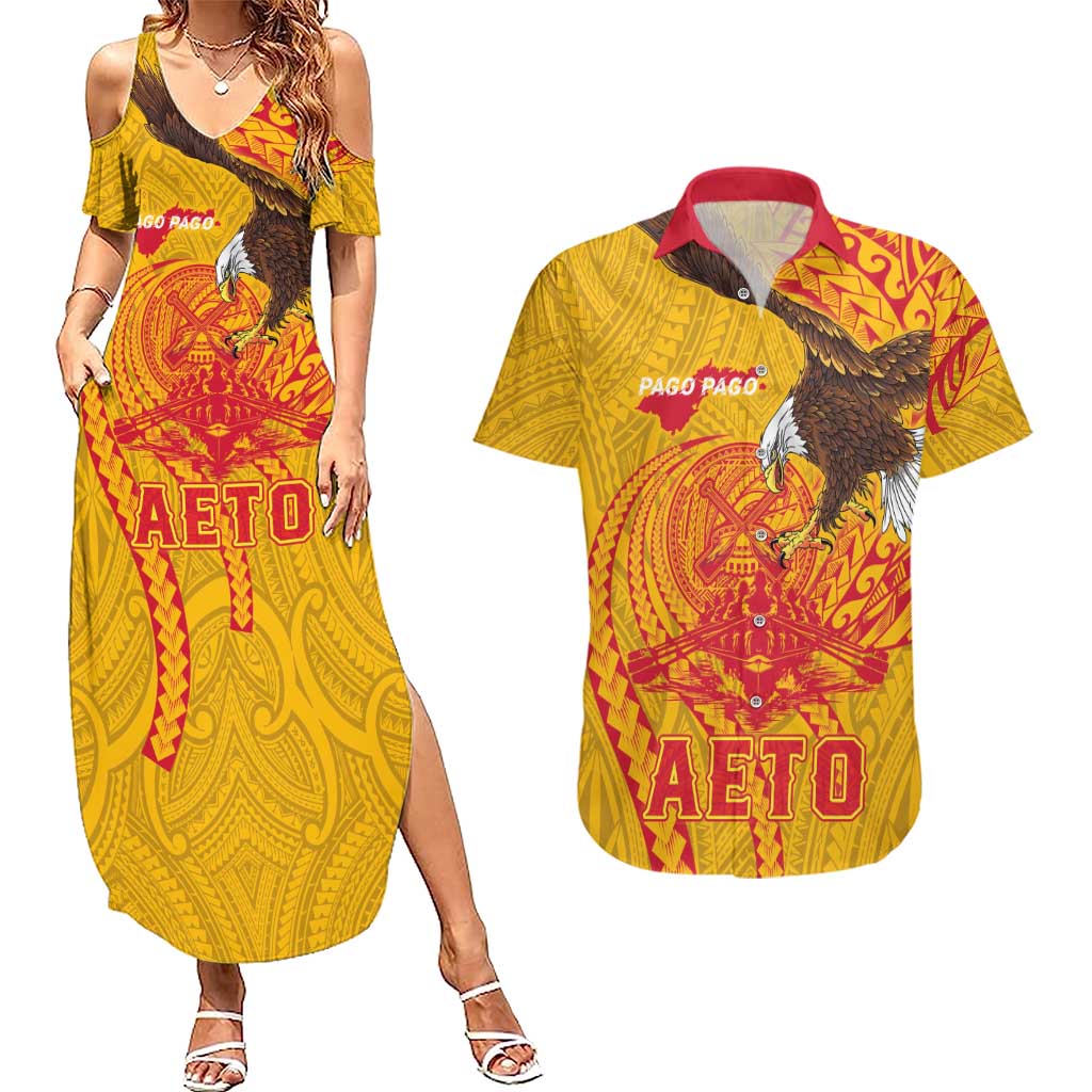 Personalized American Samoa Fautasi Race Couples Matching Summer Maxi Dress and Hawaiian Shirt Aeto Pago Pago with Eagle Samoan Tribal Patterns LT03 Multicolor - Polynesian Pride