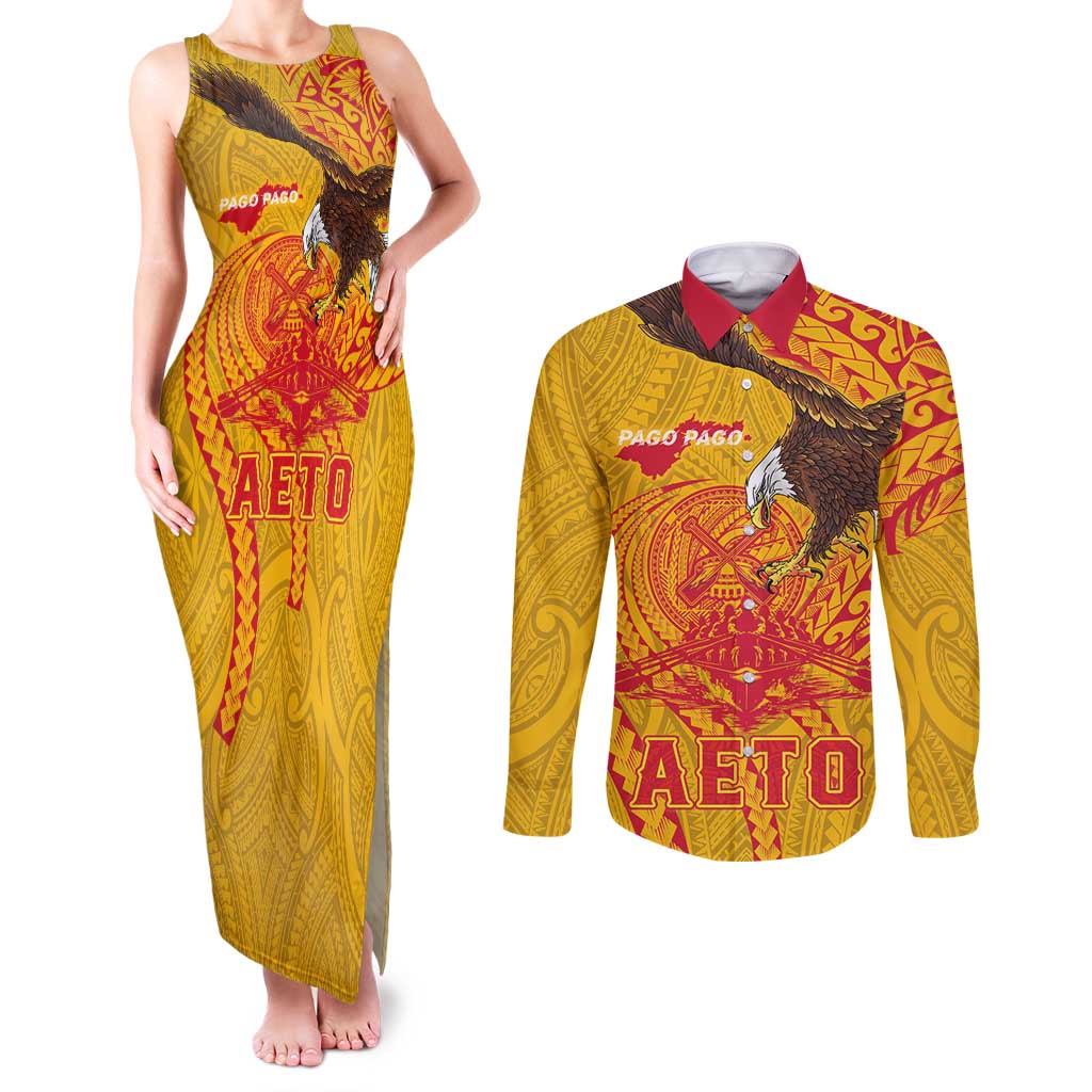 Personalized American Samoa Fautasi Race Couples Matching Tank Maxi Dress and Long Sleeve Button Shirt Aeto Pago Pago with Eagle Samoan Tribal Patterns LT03 Multicolor - Polynesian Pride
