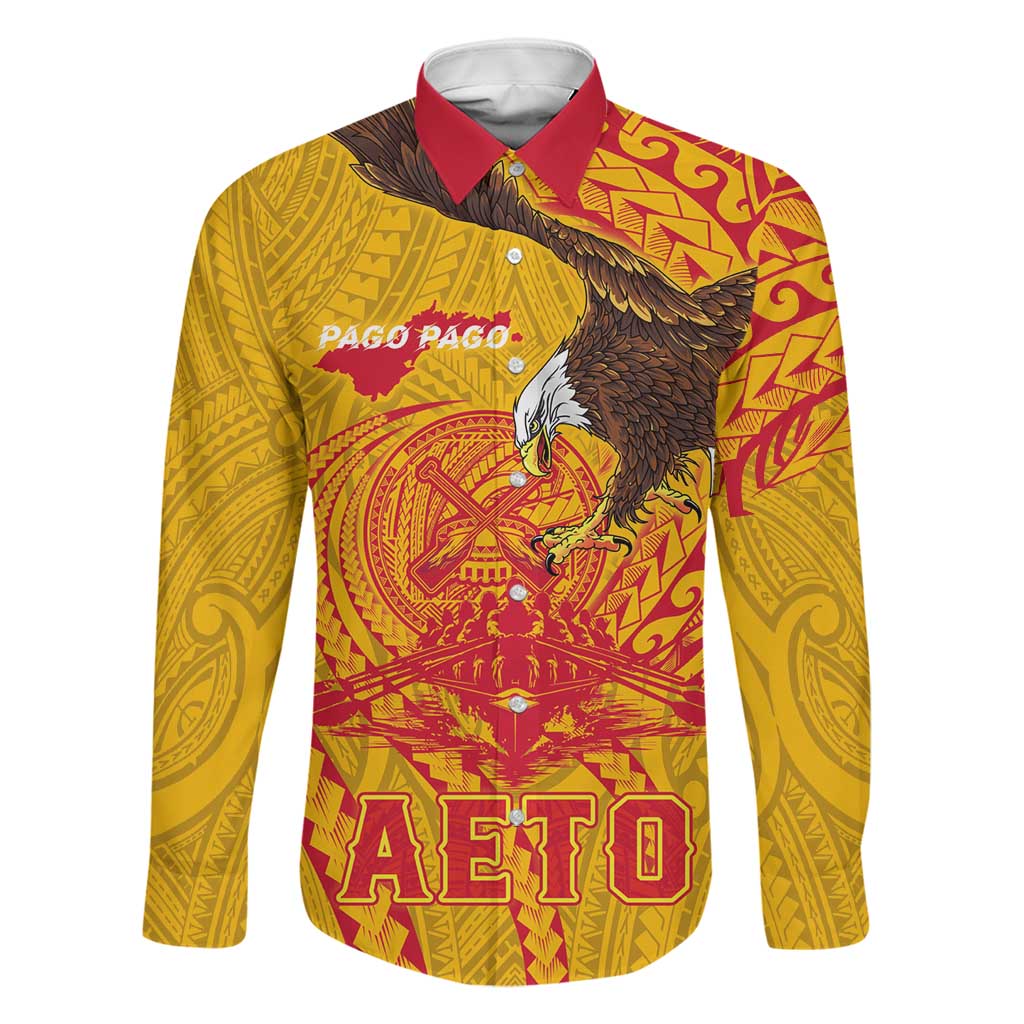 Personalized American Samoa Fautasi Race Family Matching Mermaid Dress and Hawaiian Shirt Aeto Pago Pago with Eagle Samoan Tribal Patterns LT03 Dad's Shirt - Long Sleeve Multicolor - Polynesian Pride