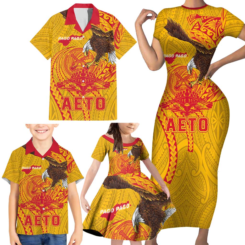 Personalized American Samoa Fautasi Race Family Matching Short Sleeve Bodycon Dress and Hawaiian Shirt Aeto Pago Pago with Eagle Samoan Tribal Patterns LT03 - Polynesian Pride
