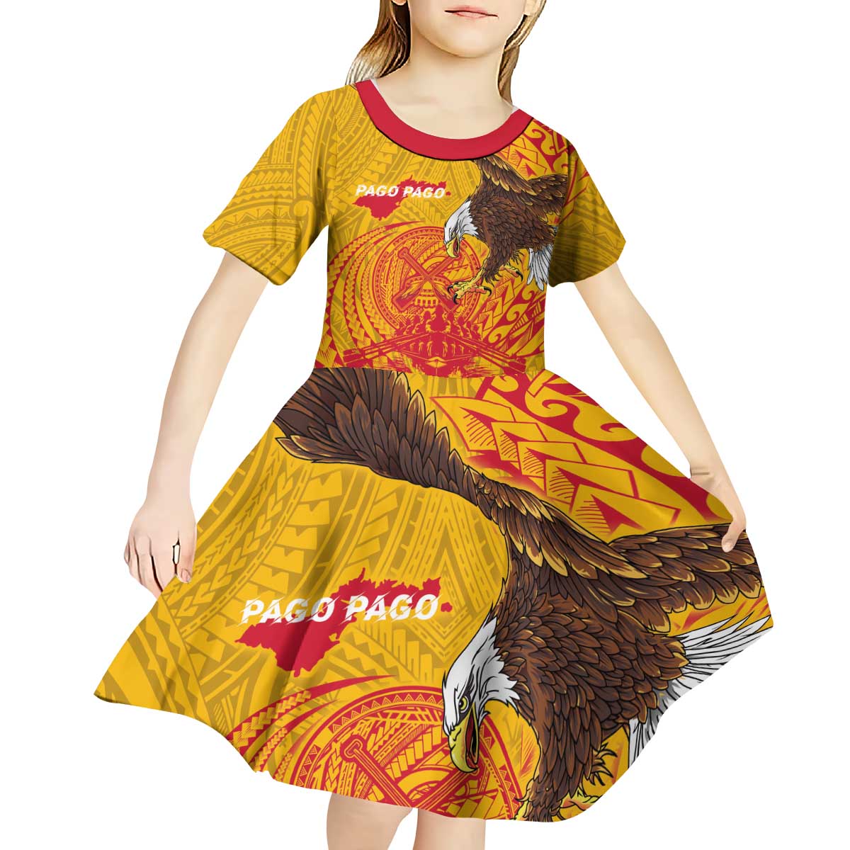 Personalized American Samoa Fautasi Race Kid Short Sleeve Dress Aeto Pago Pago with Eagle Samoan Tribal Patterns LT03 - Polynesian Pride