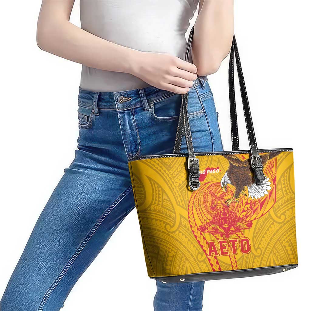 American Samoa Fautasi Race Leather Tote Bag Aeto Pago Pago with Eagle Samoan Tribal Patterns LT03 - Polynesian Pride