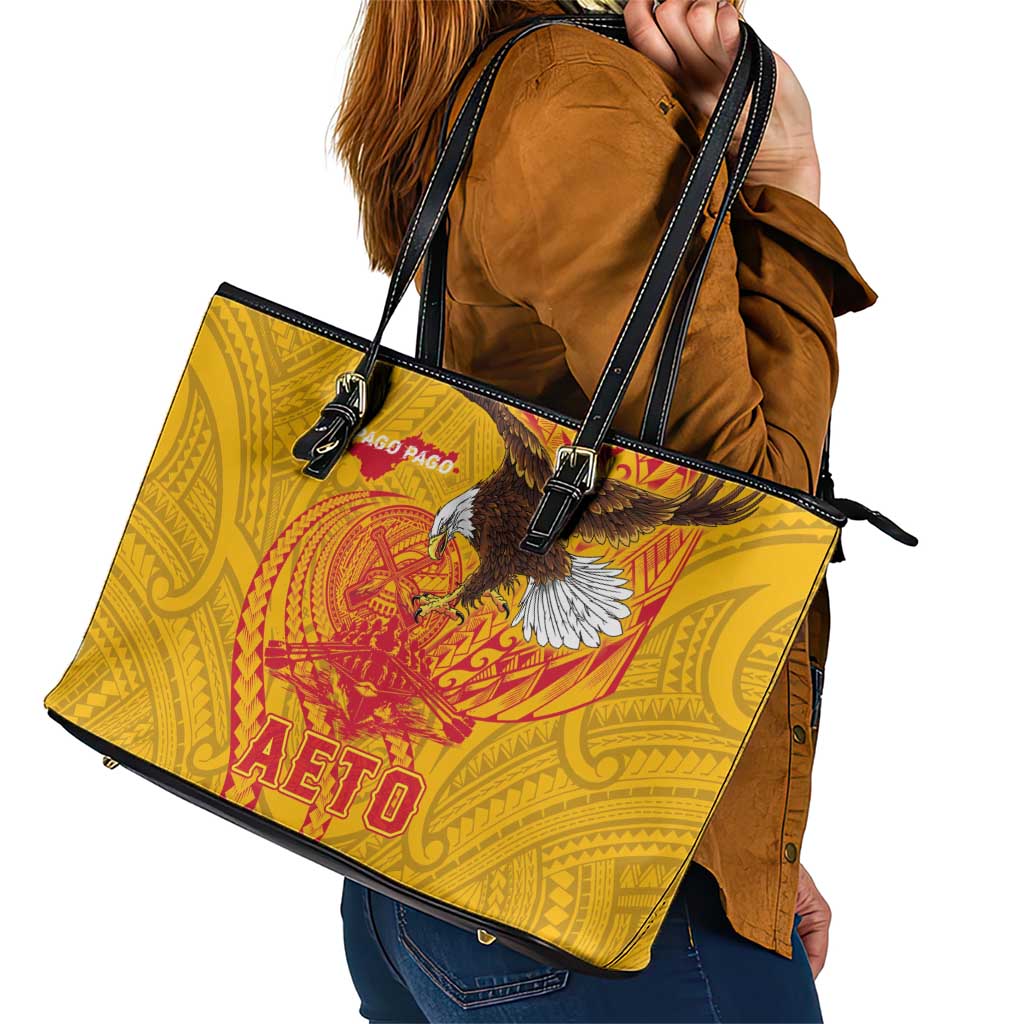 American Samoa Fautasi Race Leather Tote Bag Aeto Pago Pago with Eagle Samoan Tribal Patterns LT03 - Polynesian Pride
