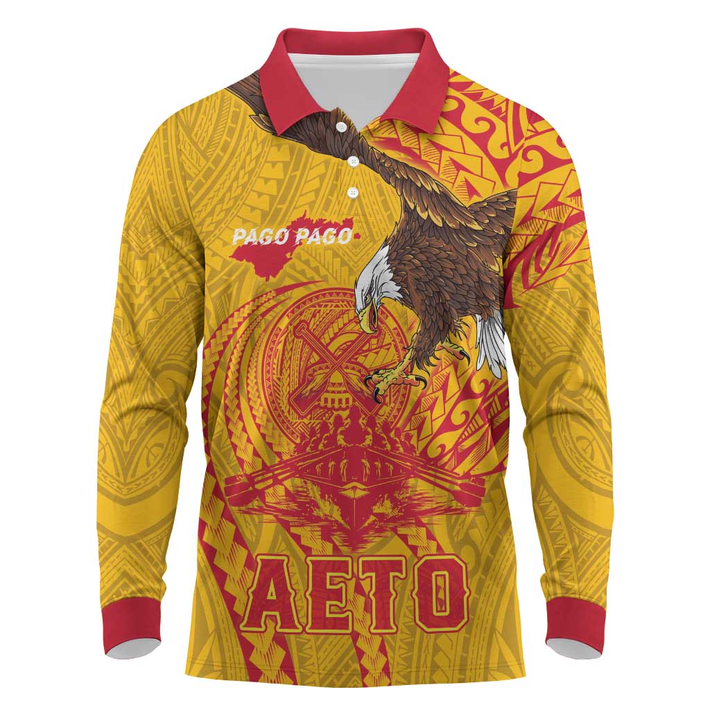 Personalized American Samoa Fautasi Race Long Sleeve Polo Shirt Aeto Pago Pago with Eagle Samoan Tribal Patterns