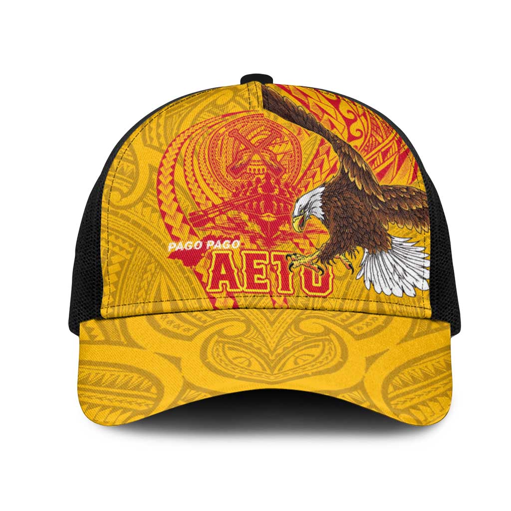 American Samoa Fautasi Race Mesh Trucker Cap Aeto Pago Pago with Eagle Samoan Tribal Patterns