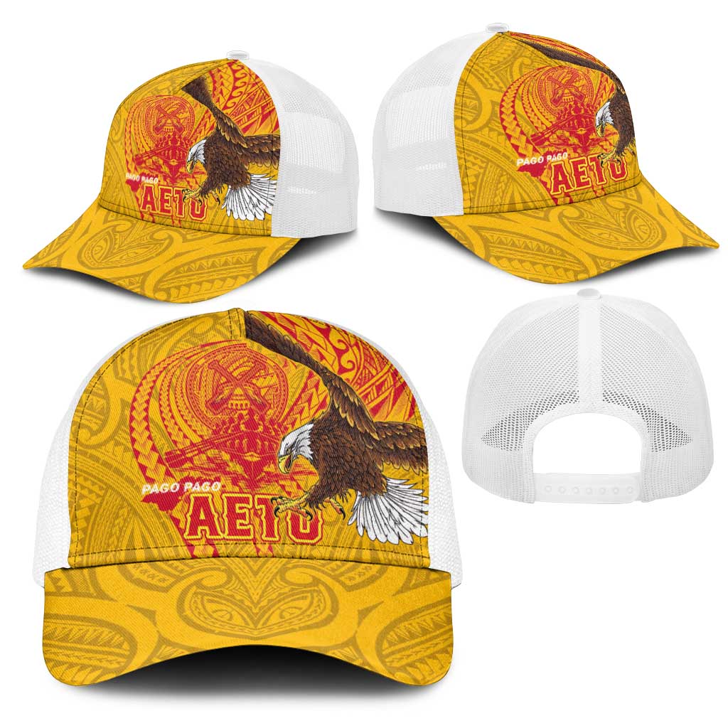 American Samoa Fautasi Race Mesh Trucker Cap Aeto Pago Pago with Eagle Samoan Tribal Patterns