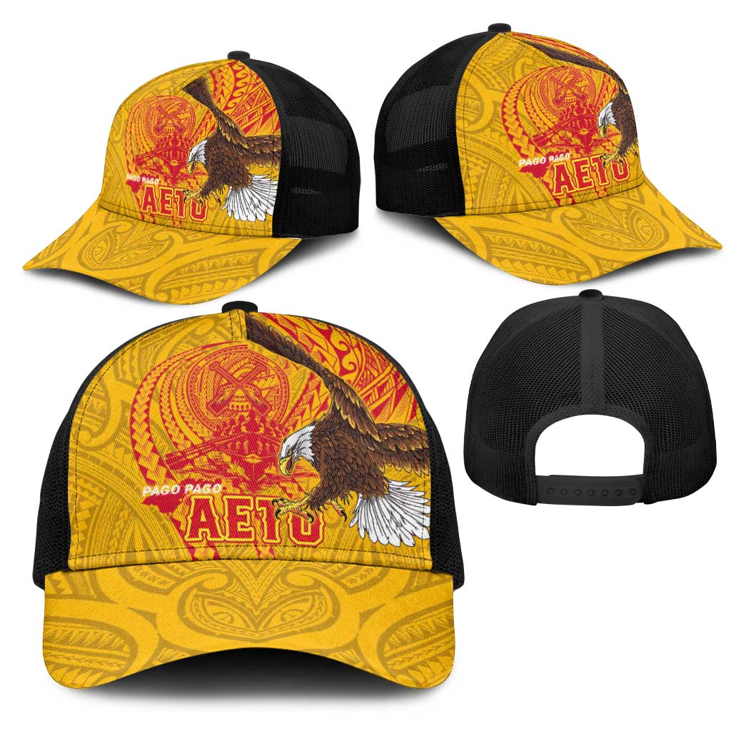 American Samoa Fautasi Race Mesh Trucker Cap Aeto Pago Pago with Eagle Samoan Tribal Patterns
