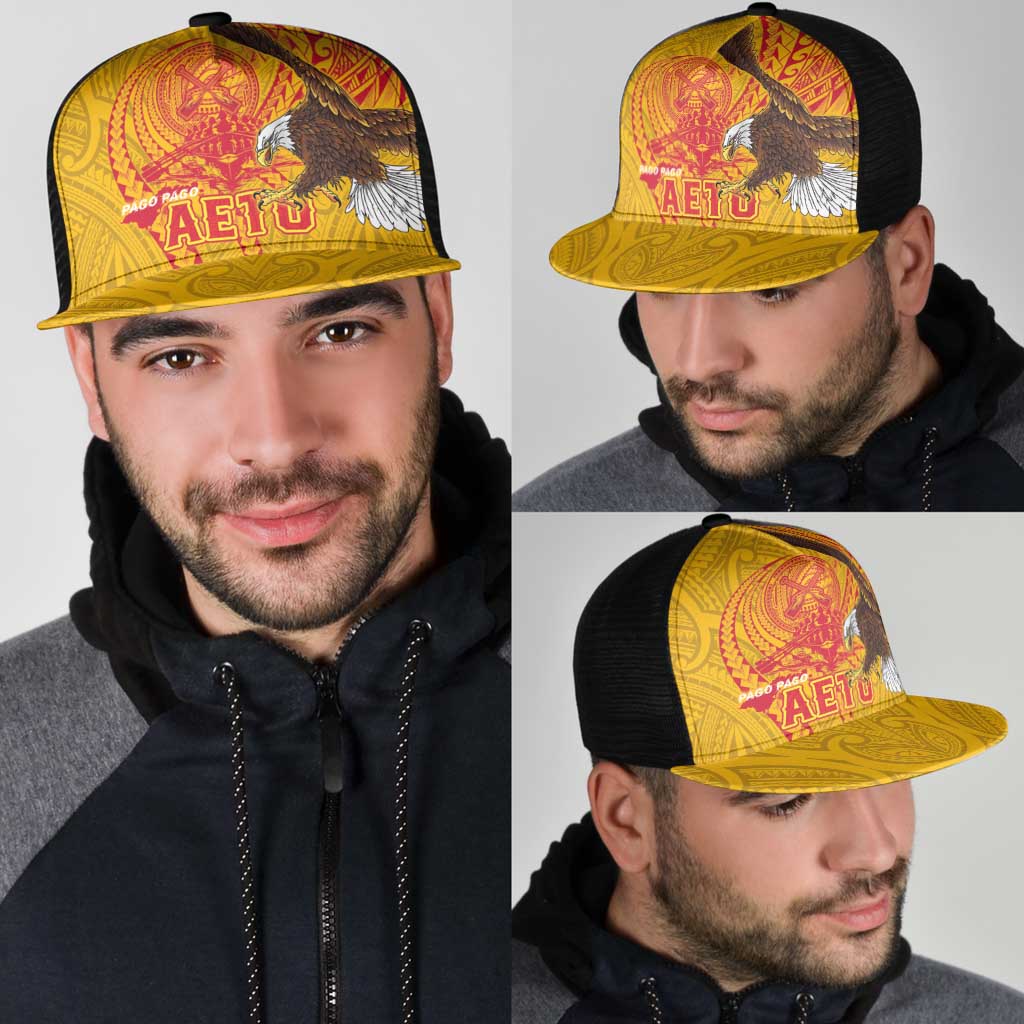 American Samoa Fautasi Race Mesh Trucker Cap Aeto Pago Pago with Eagle Samoan Tribal Patterns