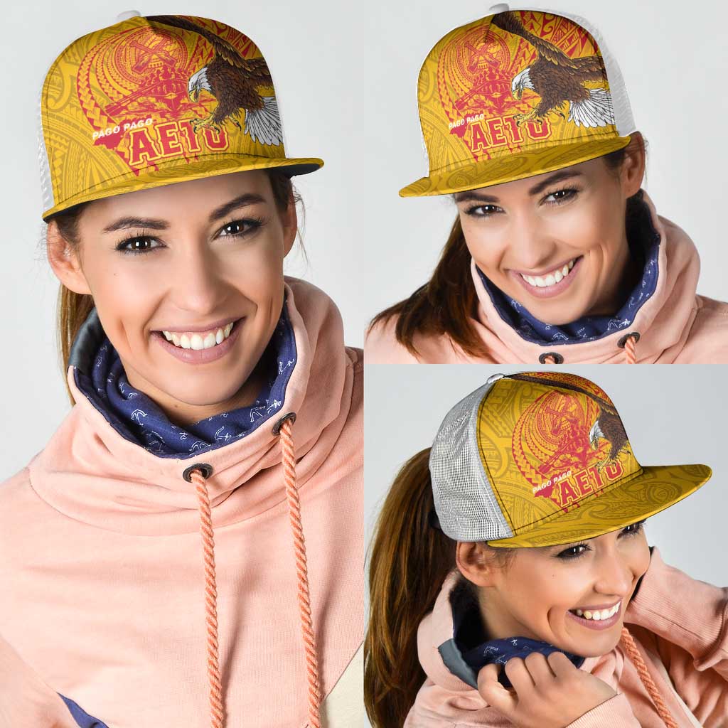 American Samoa Fautasi Race Mesh Trucker Cap Aeto Pago Pago with Eagle Samoan Tribal Patterns