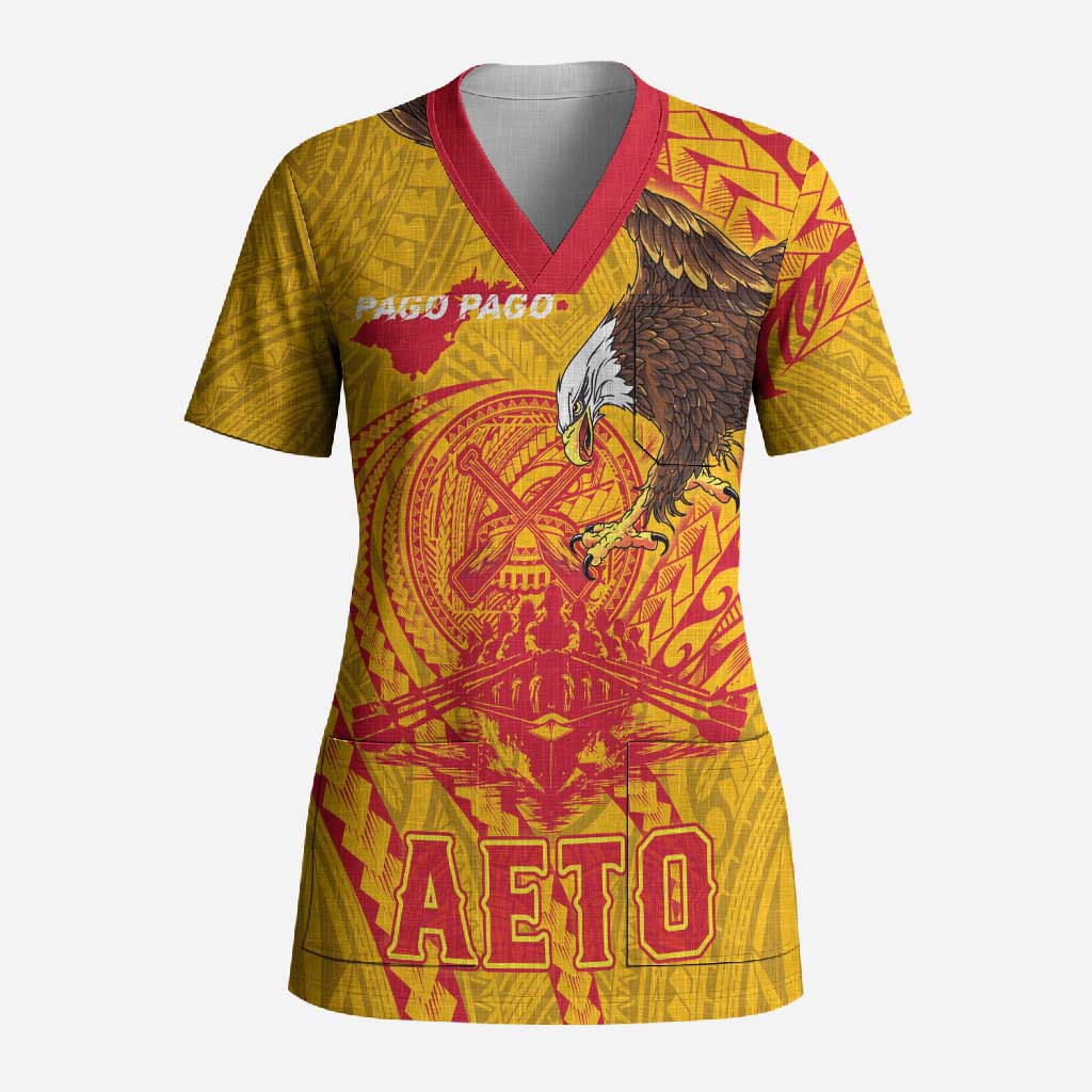 Personalized American Samoa Fautasi Race Scrub Top Aeto Pago Pago with Eagle Samoan Tribal Patterns