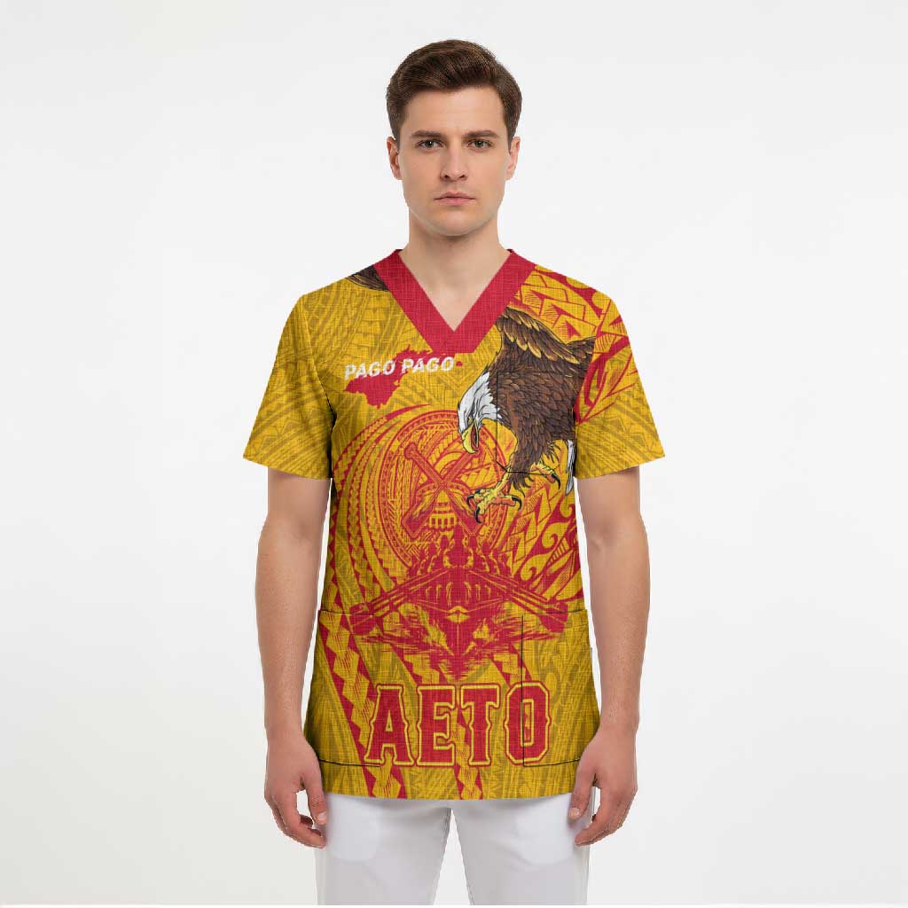 Personalized American Samoa Fautasi Race Scrub Top Aeto Pago Pago with Eagle Samoan Tribal Patterns