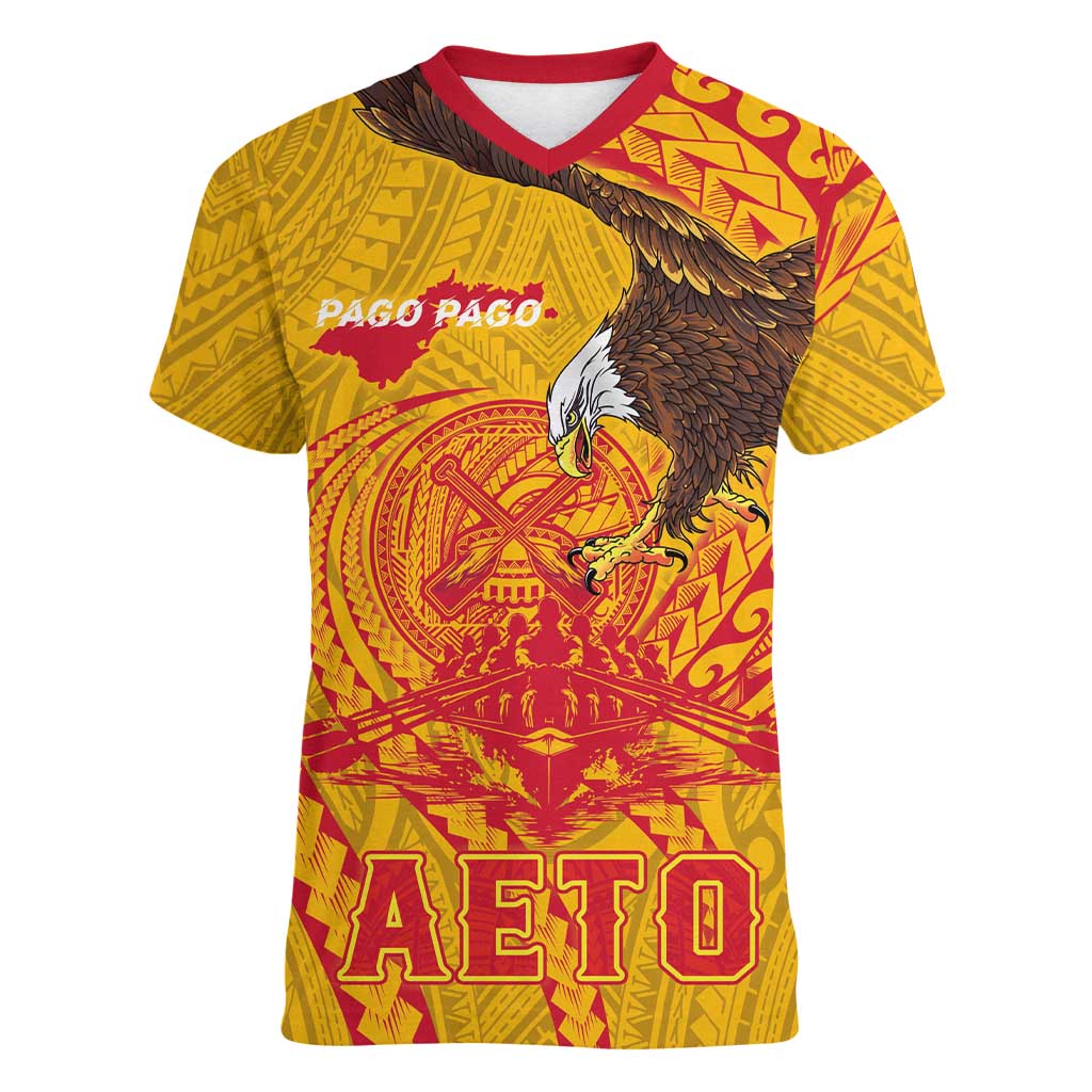 Personalized American Samoa Fautasi Race Women V-Neck T-Shirt Aeto Pago Pago with Eagle Samoan Tribal Patterns