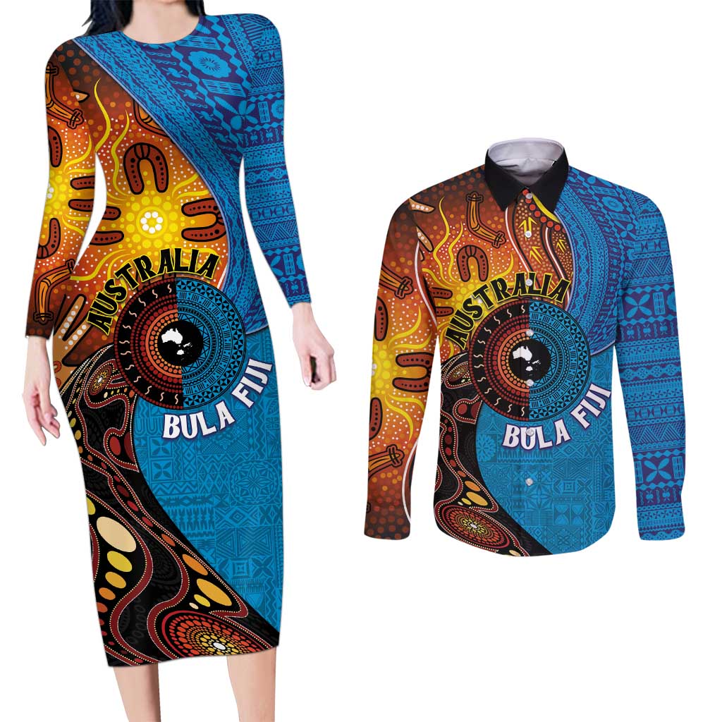 Fiji and Australia Together Couples Matching Long Sleeve Bodycon Dress and Long Sleeve Button Shirt Tapa Tribal Tattoo mix Aboriginal Pattern