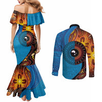 Fiji and Australia Together Couples Matching Mermaid Dress and Long Sleeve Button Shirt Tapa Tribal Tattoo mix Aboriginal Pattern