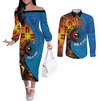 Fiji and Australia Together Couples Matching Off The Shoulder Long Sleeve Dress and Long Sleeve Button Shirt Tapa Tribal Tattoo mix Aboriginal Pattern