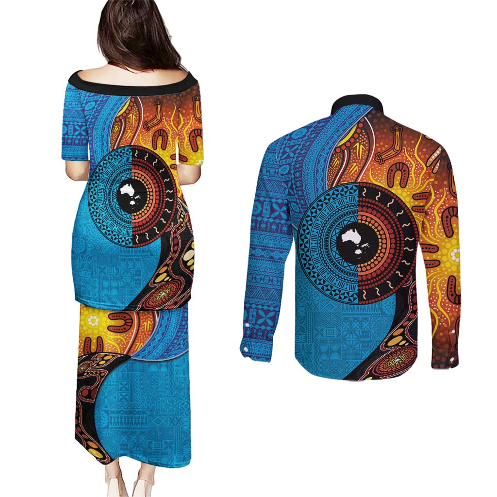 Fiji and Australia Together Couples Matching Puletasi and Long Sleeve Button Shirt Tapa Tribal Tattoo mix Aboriginal Pattern