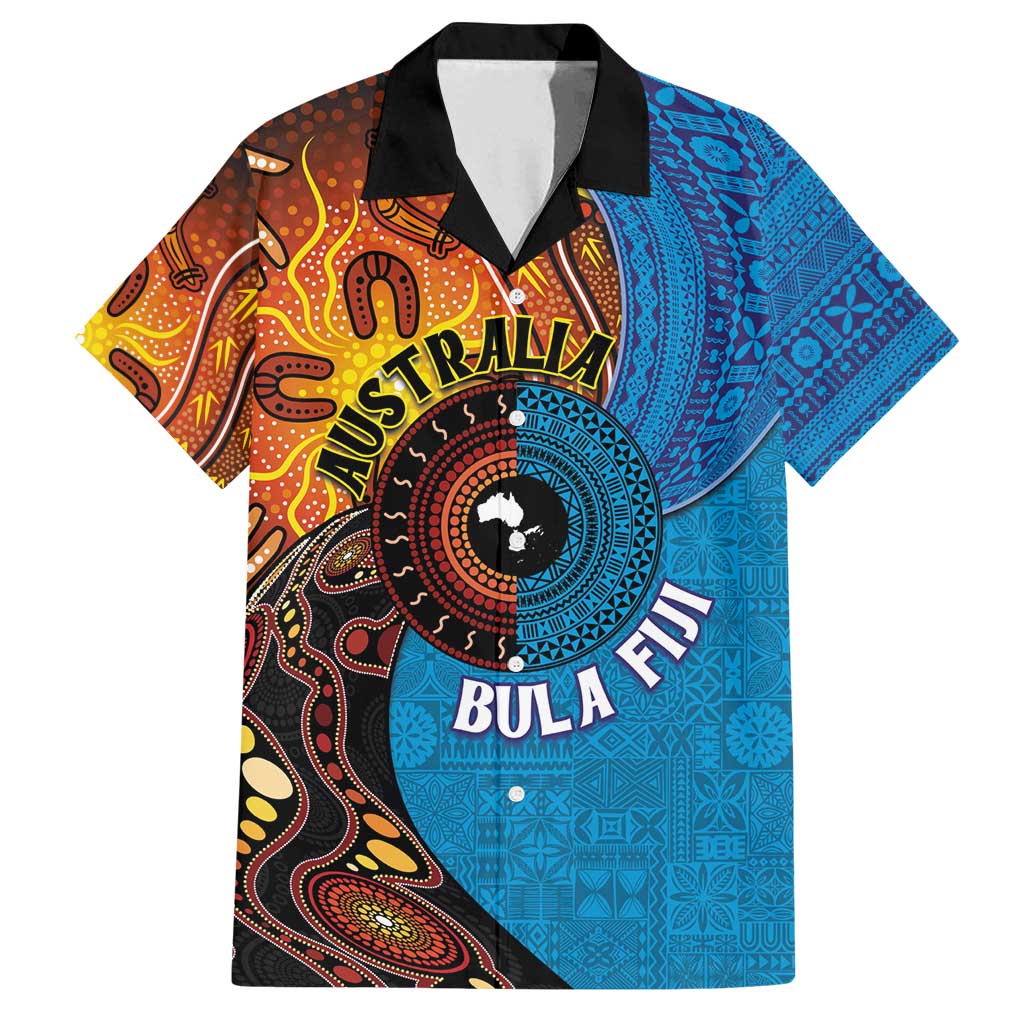 Fiji and Australia Together Family Matching Long Sleeve Bodycon Dress and Hawaiian Shirt Tapa Tribal Tattoo mix Aboriginal Pattern LT03 Dad's Shirt - Short Sleeve Black - Polynesian Pride