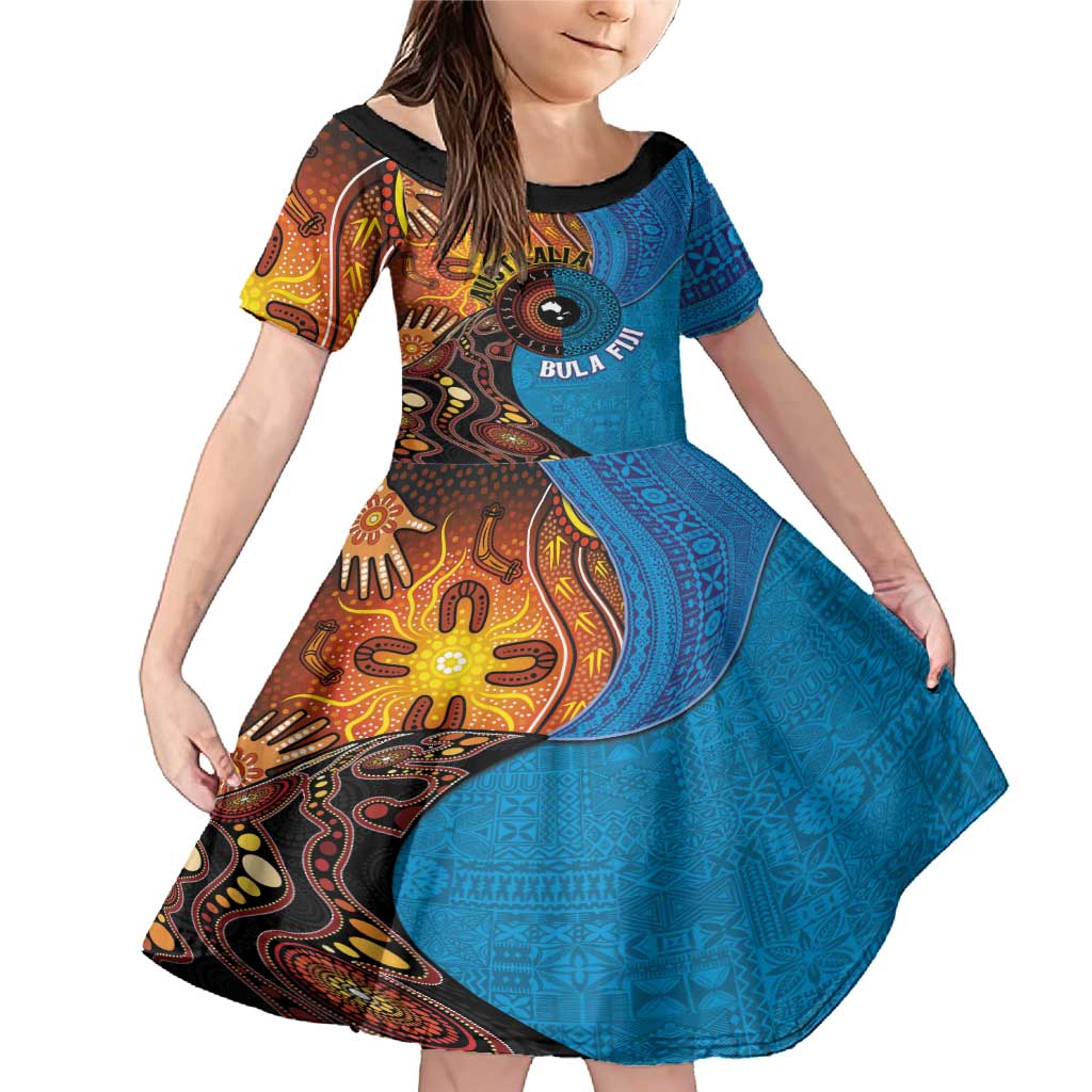 Fiji and Australia Together Family Matching Mermaid Dress and Hawaiian Shirt Tapa Tribal Tattoo mix Aboriginal Pattern LT03 Daughter's Dress Black - Polynesian Pride