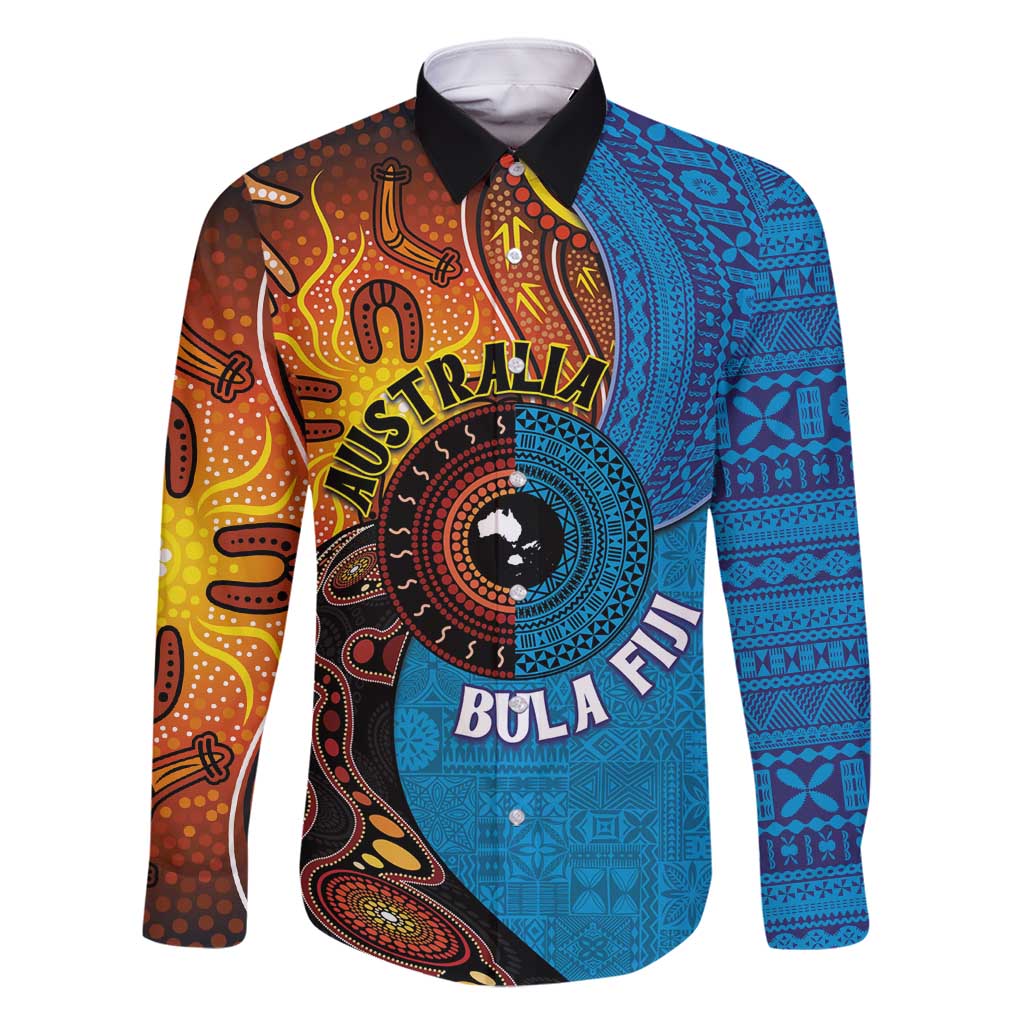 Fiji and Australia Together Family Matching Mermaid Dress and Hawaiian Shirt Tapa Tribal Tattoo mix Aboriginal Pattern LT03 Dad's Shirt - Long Sleeve Black - Polynesian Pride
