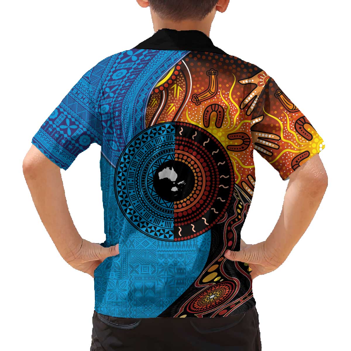 Fiji and Australia Together Family Matching Off The Shoulder Long Sleeve Dress and Hawaiian Shirt Tapa Tribal Tattoo mix Aboriginal Pattern